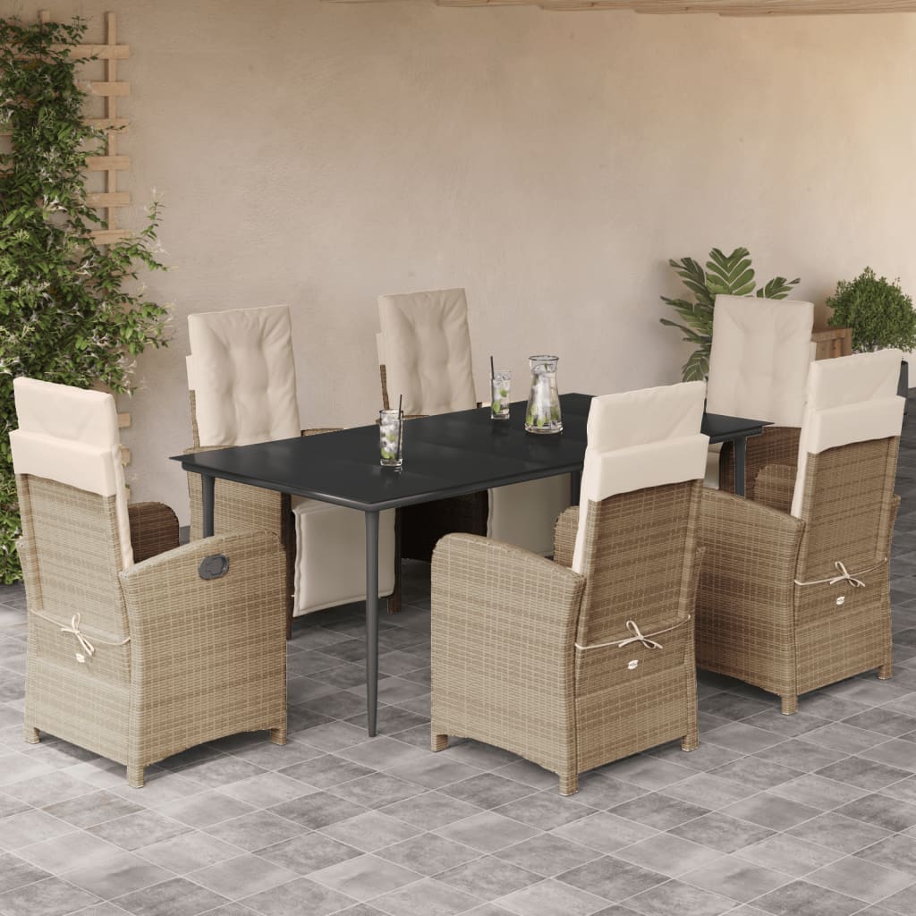 7-tlg. Garten-Essgruppe mit Kissen Beige Poly Rattan